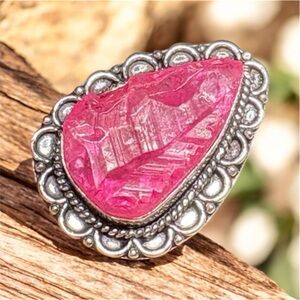 Hand carved Pink Titanium Quartz Teardrop Sterling Silver Ring